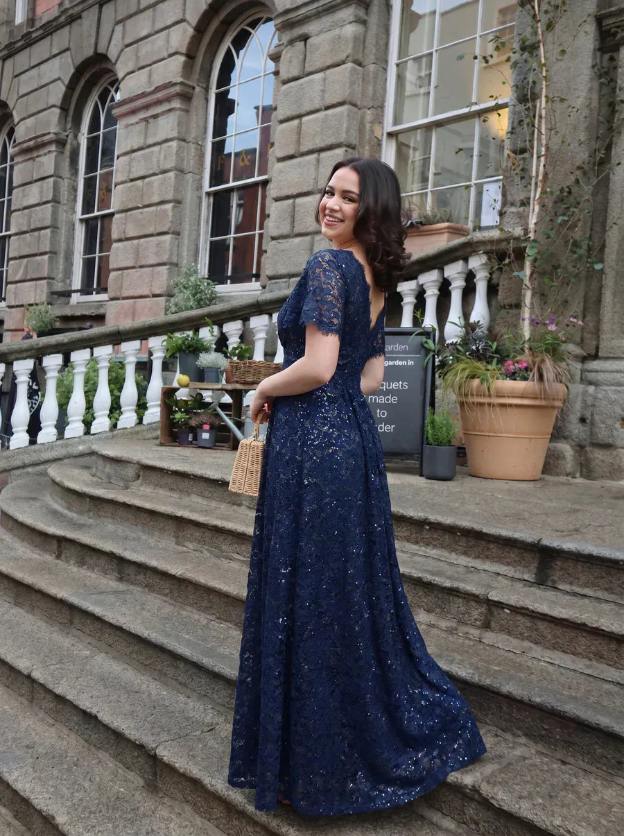 Sequin Lace Ruffle Sleeve Dress #color_Navy Blue