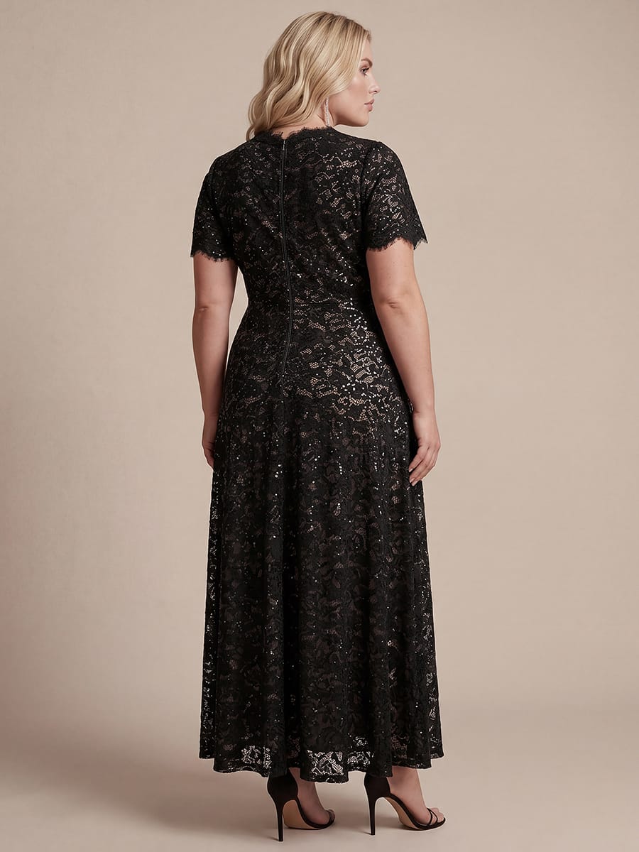 Sequin Lace Ruffle Sleeve Dress #color_Black