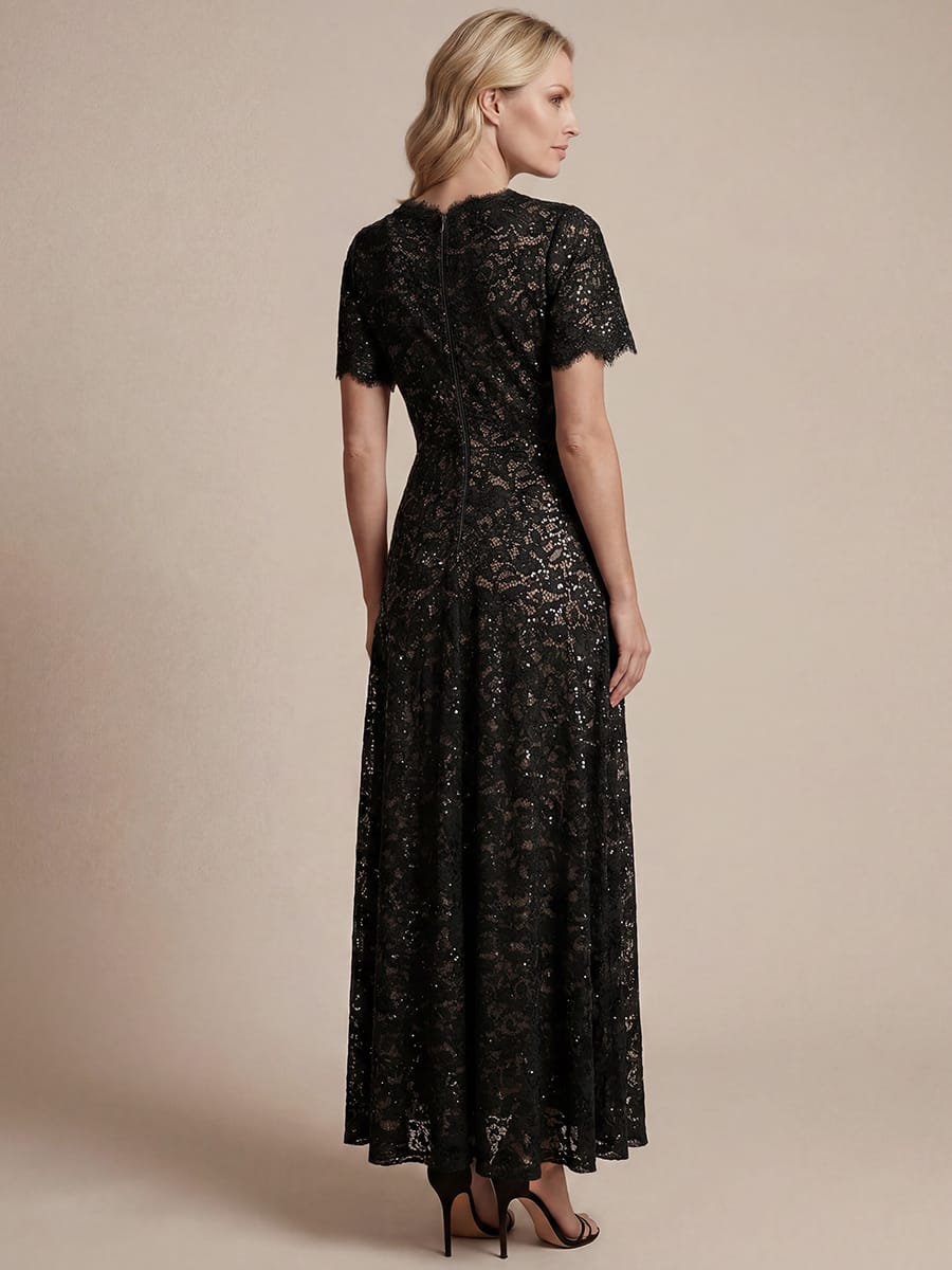 Sequin Lace Ruffle Sleeve Dress #color_Black