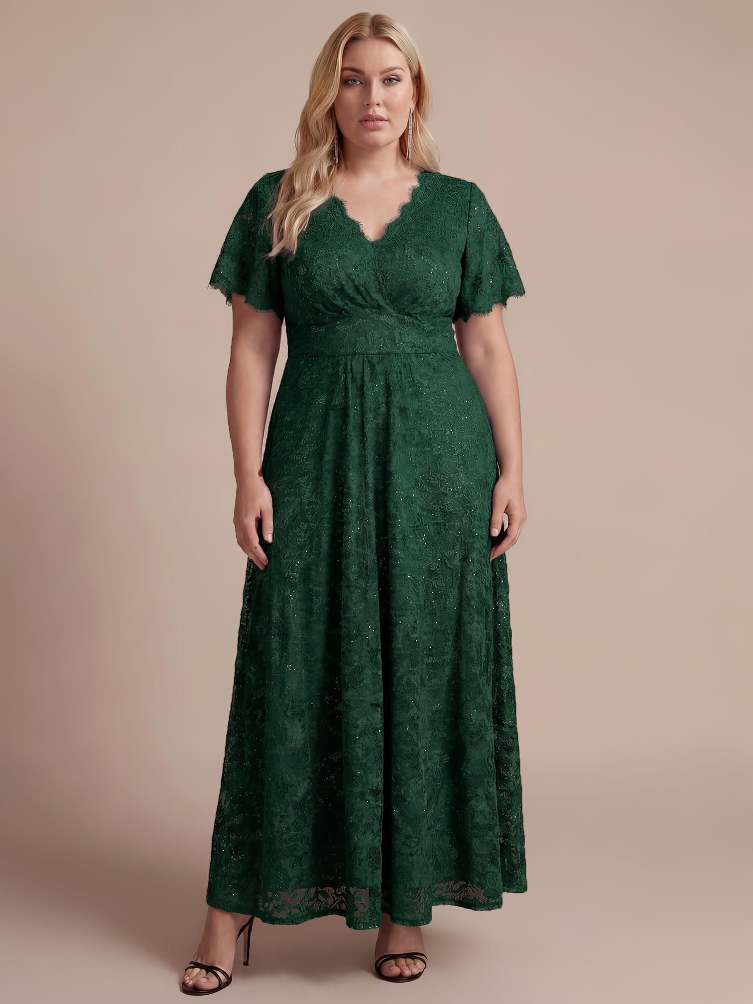 Sequin Lace Ruffle Sleeve Dress #color_Dark Green