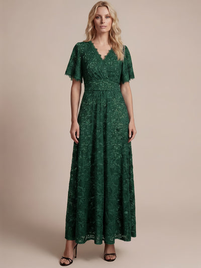 Elegant Flutter Sleeve Sequin Lace Maxi Dress V-Neck Empire Waist Evening Gown