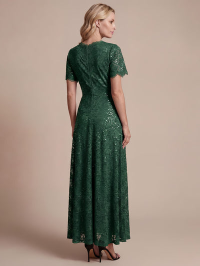 Elegant Flutter Sleeve Sequin Lace Maxi Dress V-Neck Empire Waist Evening Gown
