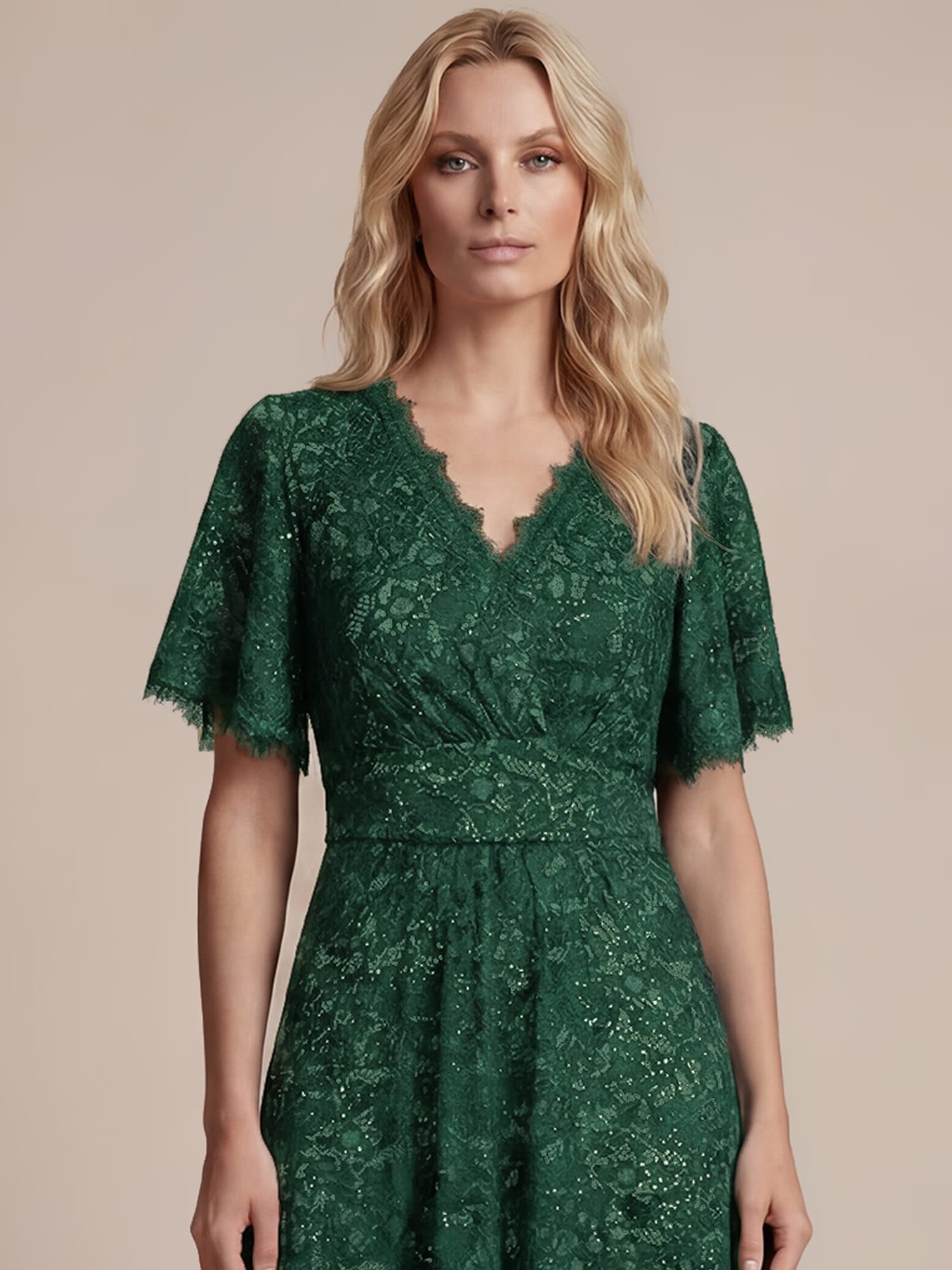 Sequin Lace Ruffle Sleeve Dress #color_Dark Green