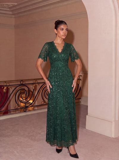 Elegant Flutter Sleeve Sequin Lace Maxi Dress V-Neck Empire Waist Evening Gown
