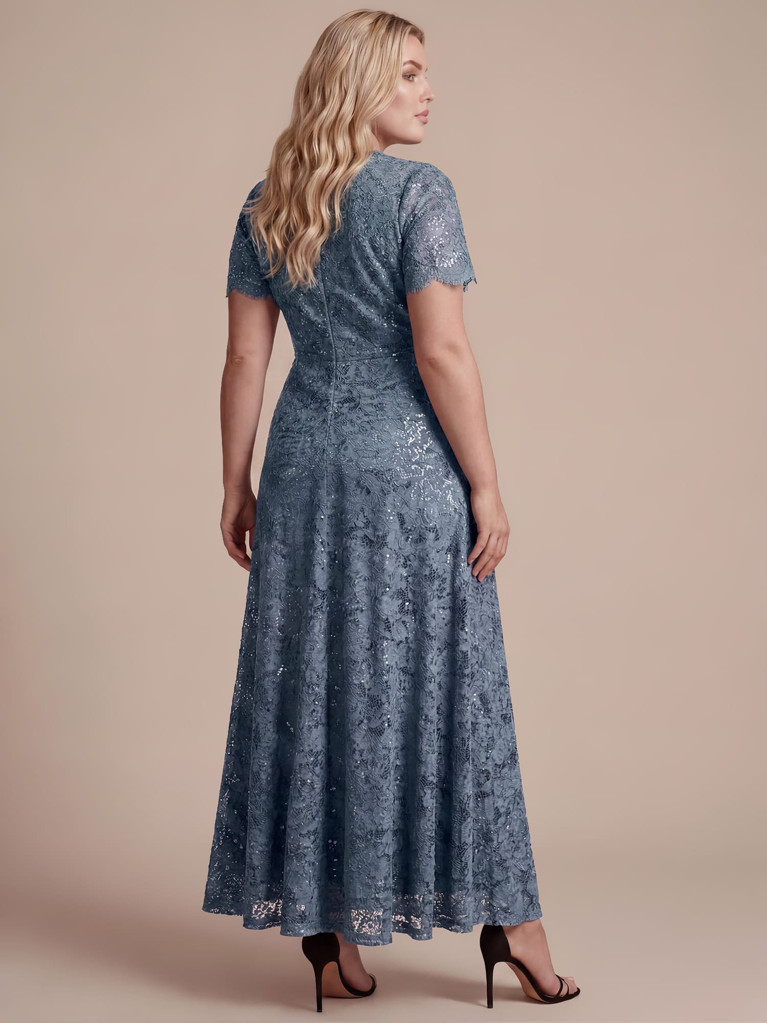 Sequin Lace Ruffle Sleeve Dress #color_Dusty Blue