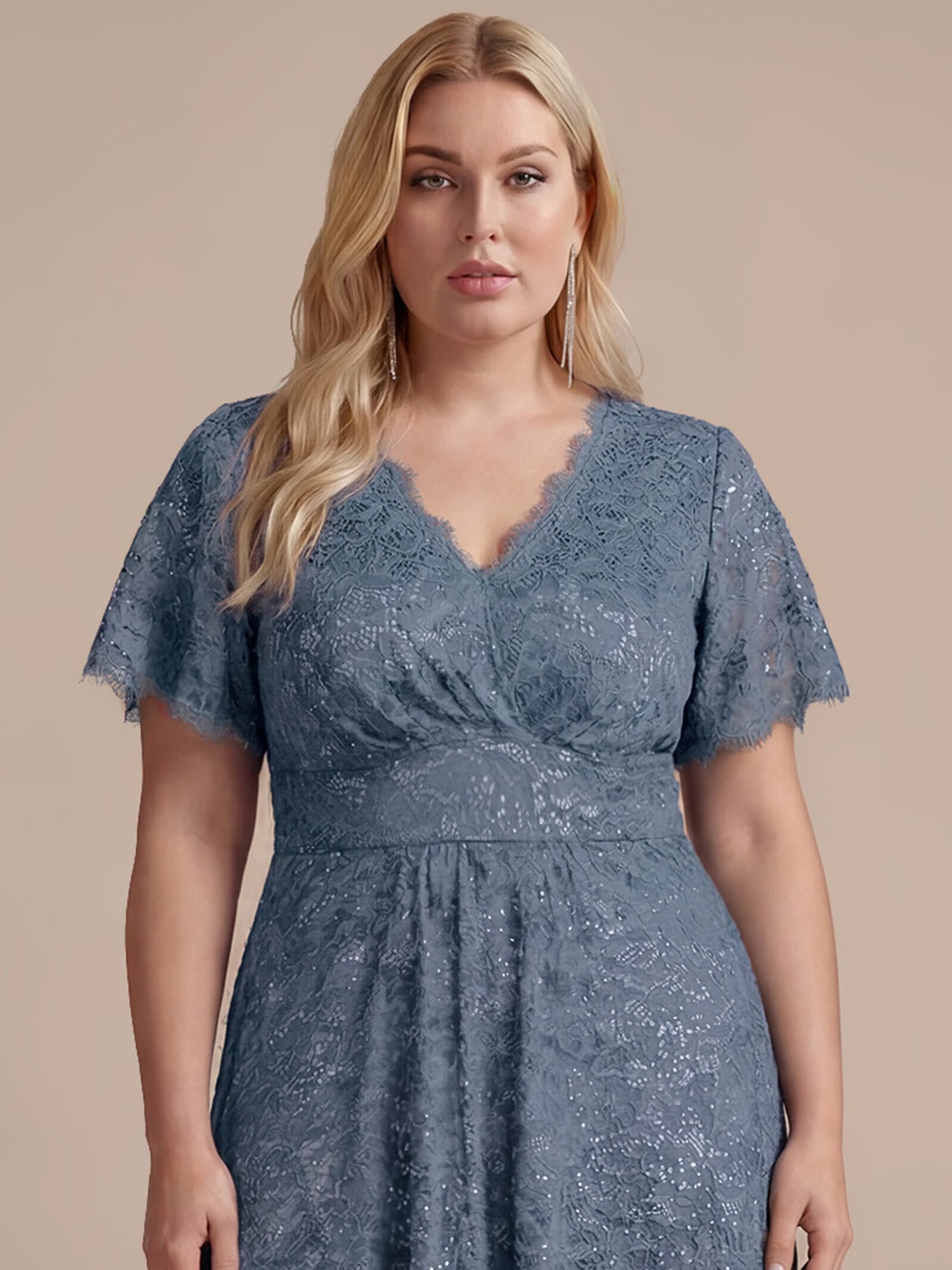 Sequin Lace Ruffle Sleeve Dress #color_Dusty Blue