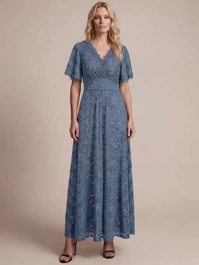 Elegant Flutter Sleeve Sequin Lace Maxi Dress V-Neck Empire Waist Evening Gown