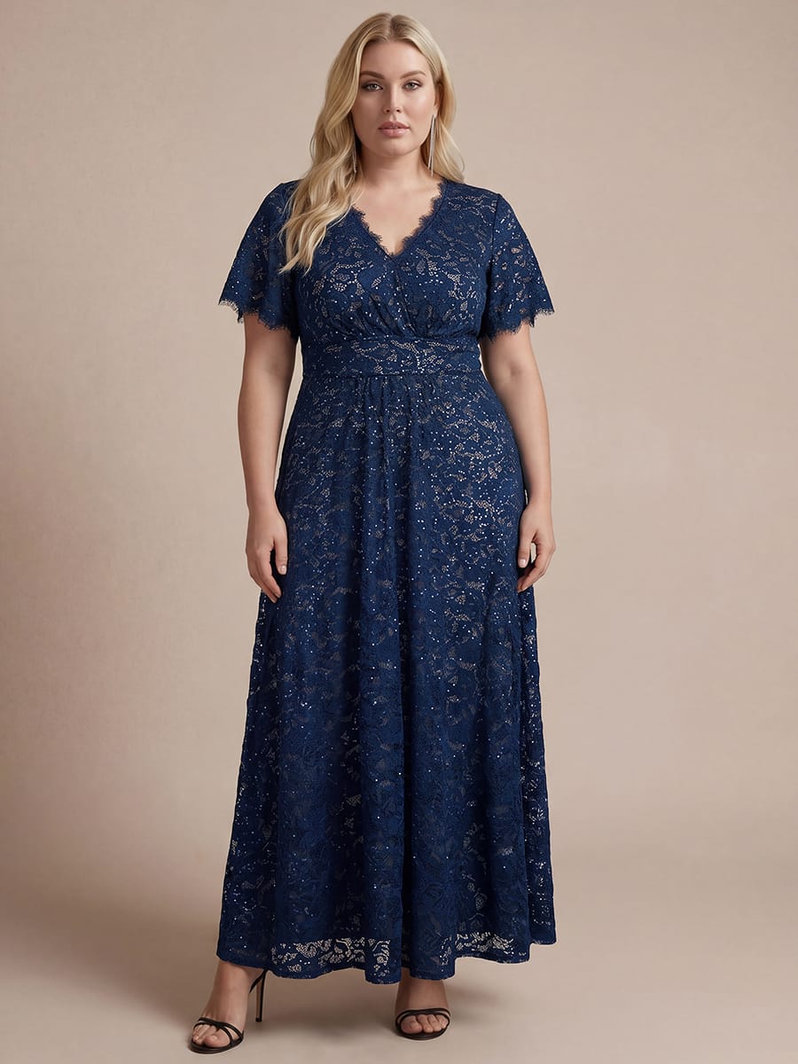 Sequin Lace Ruffle Sleeve Dress #color_Navy Blue