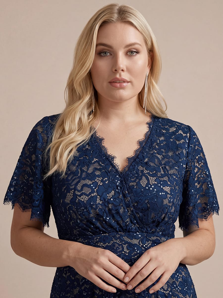 Sequin Lace Ruffle Sleeve Dress #color_Navy Blue