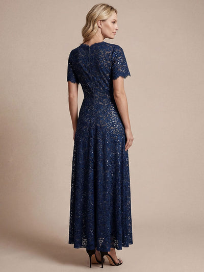 Sequin Lace Ruffle Sleeve Dress #color_Navy Blue