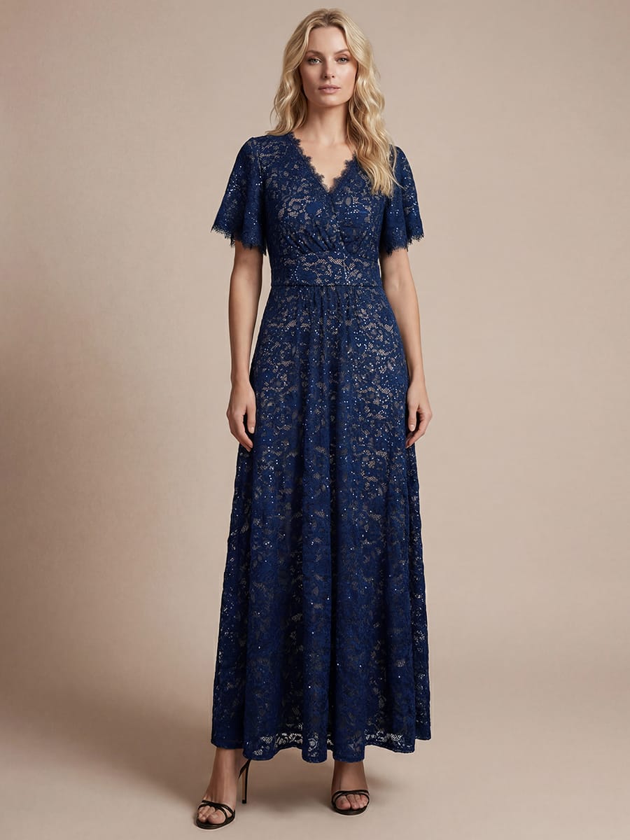 Stunning Sequin Lace Elegant Flutter Sleeve Maxi Dress V-Neck Empire Waist  Evening Gown