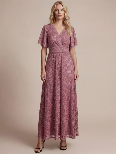 Elegant Flutter Sleeve Sequin Lace Maxi Dress V-Neck Empire Waist Evening Gown