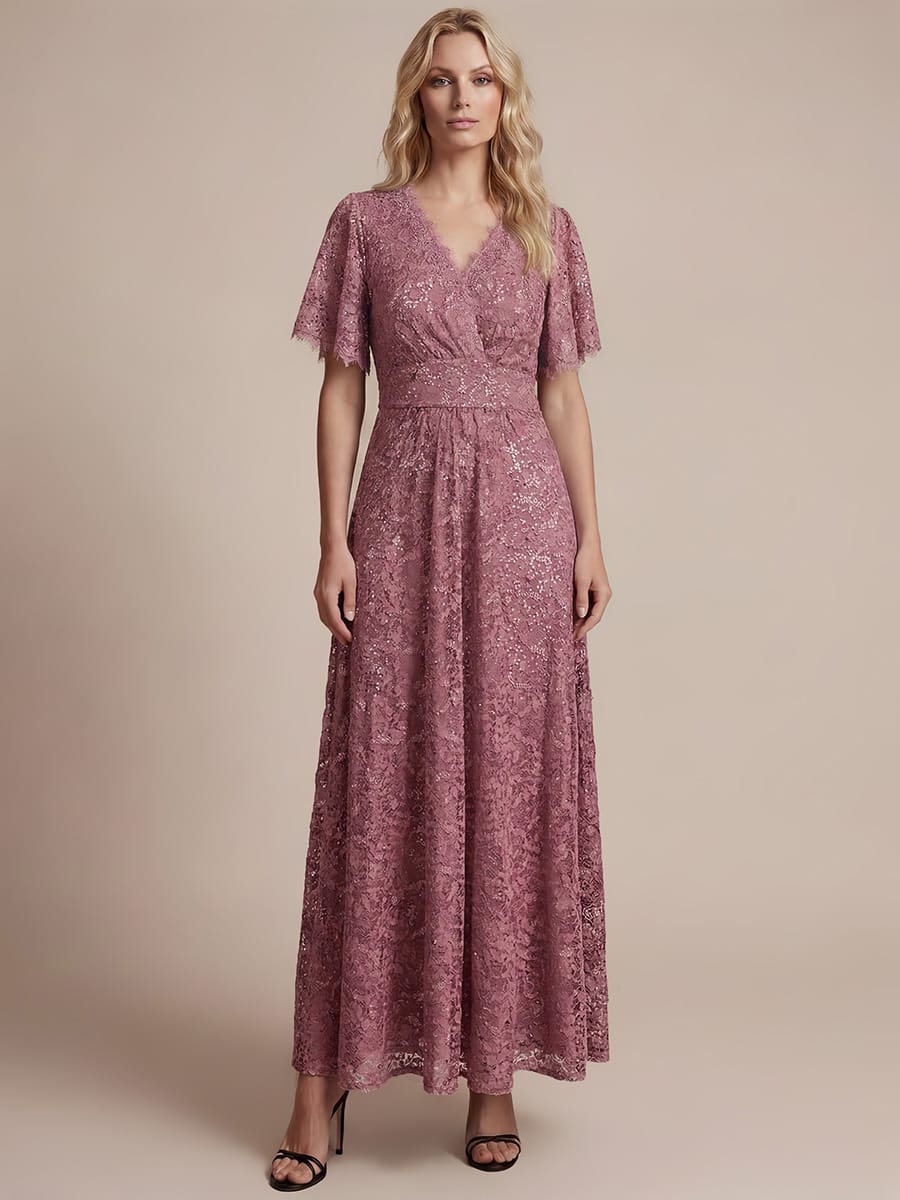 Sequin Lace Ruffle Sleeve Dress #color_Purple Orchid