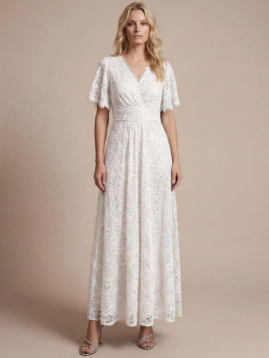Sequin Lace Ruffle Sleeve Dress #color_White