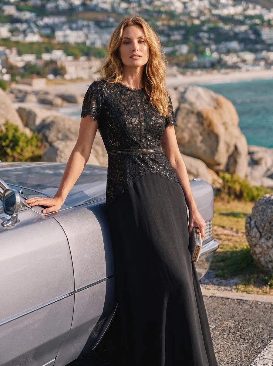 Sequin Lace Puff Sleeve Dress #color_Black