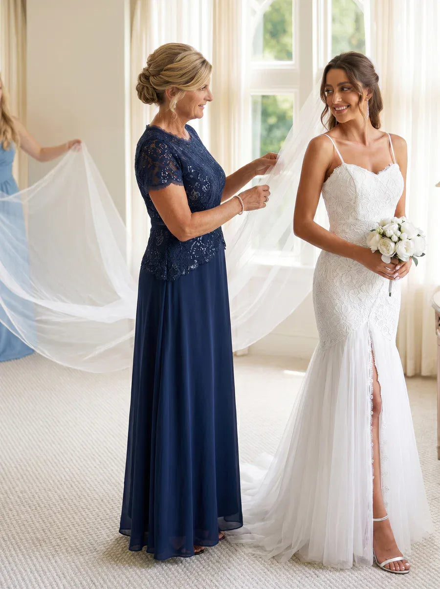 Sequin Lace Puff Sleeve Dress #color_Navy Blue