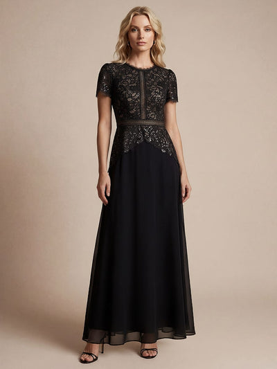 Sparkling Sequin Lace Maxi Dress with Short Sleeves Elegant Long Formal Evening Gown