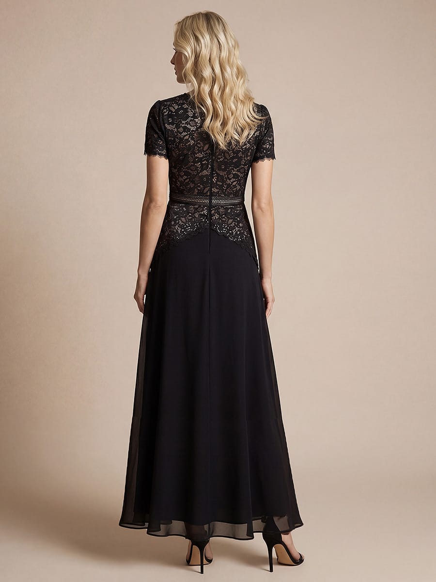 Sequin Lace Puff Sleeve Dress #color_Black