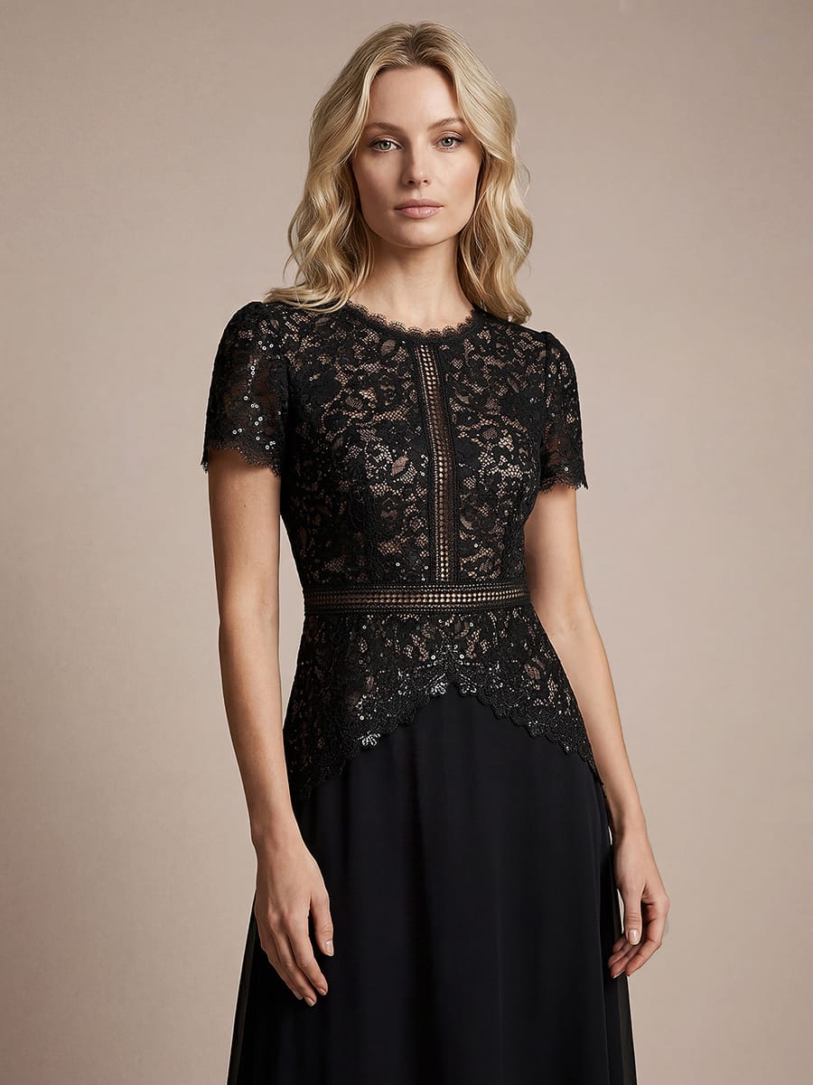 Sequin Lace Puff Sleeve Dress #color_Black