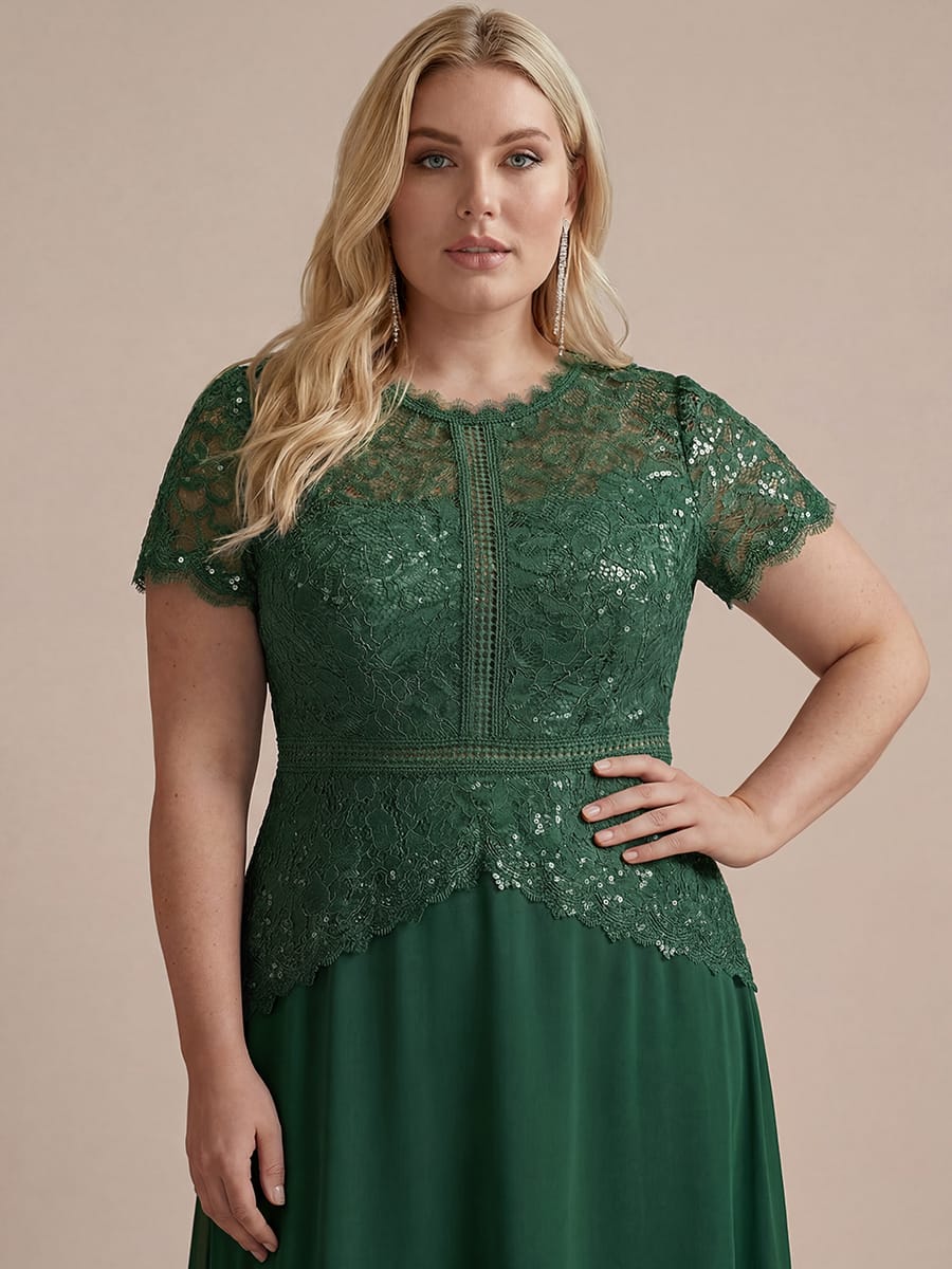 Sequin Lace Puff Sleeve Dress #color_Dark Green