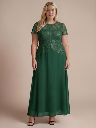 Plus Size Sparkling Sequin Lace Maxi Dress with Puff Sleeves Elegant Long Formal Evening Gown