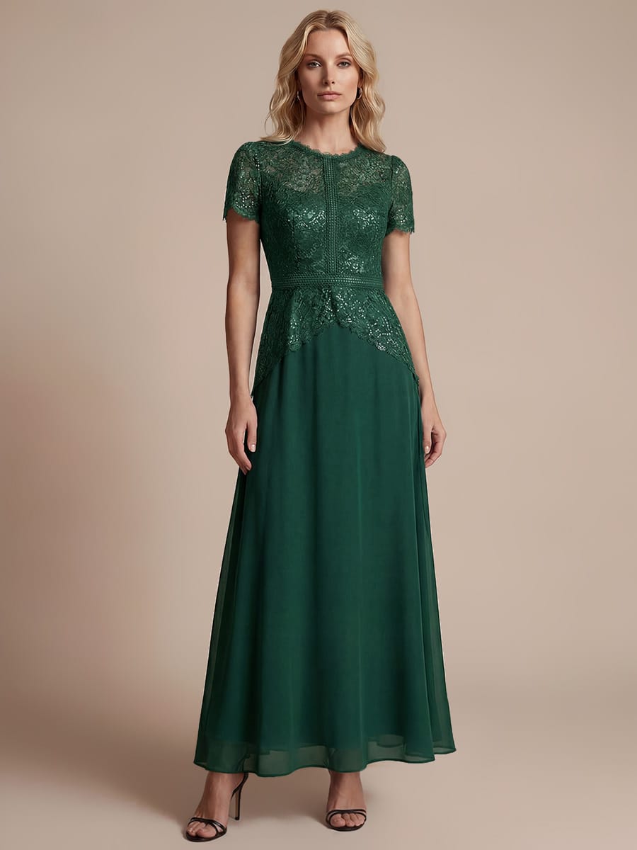 Sequin Lace Puff Sleeve Dress #color_Dark Green