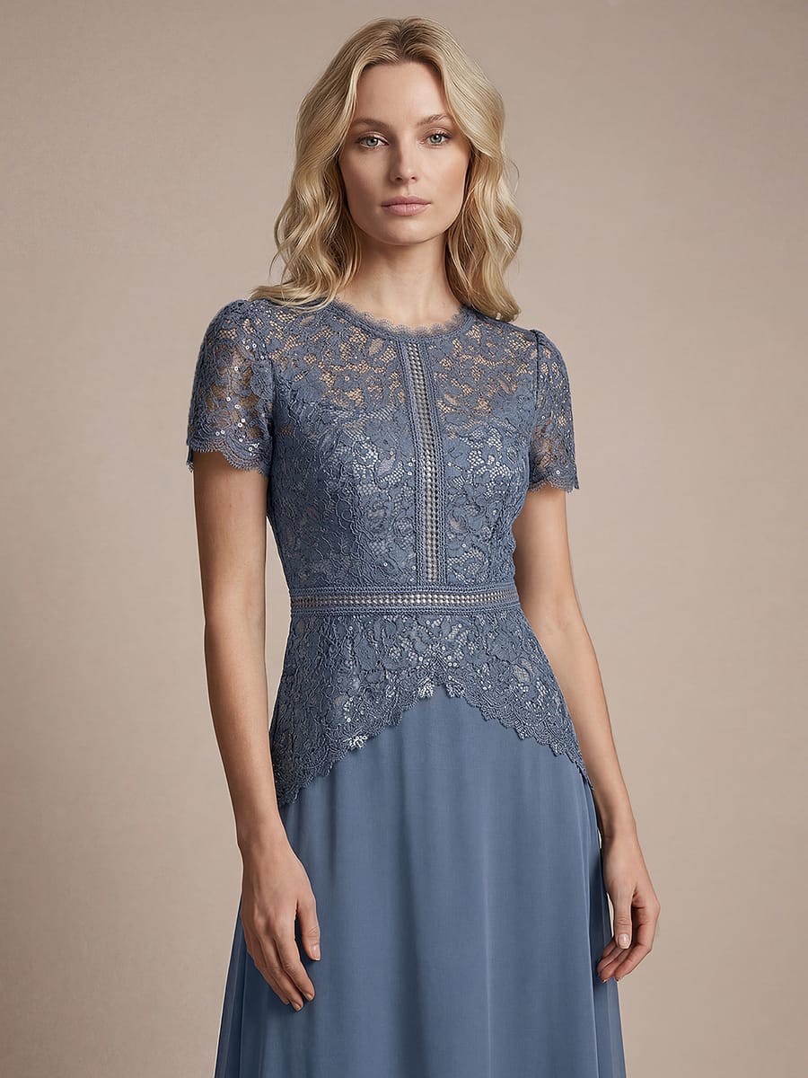 Sequin Lace Puff Sleeve Dress #color_Dusty Blue