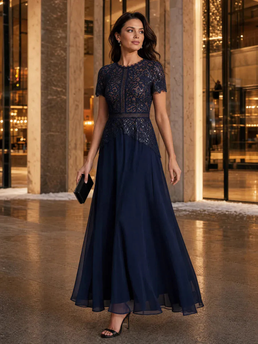 Sequin Lace Puff Sleeve Dress #color_Navy Blue
