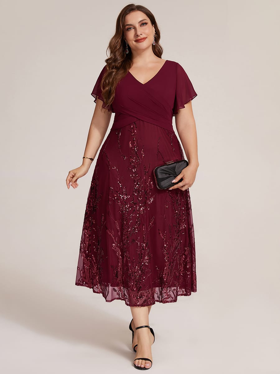 Chiffon Ruffle Sleeve A-line Dress #color_Burgundy