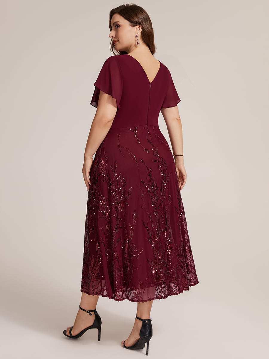 Chiffon Ruffle Sleeve A-line Dress #color_Burgundy