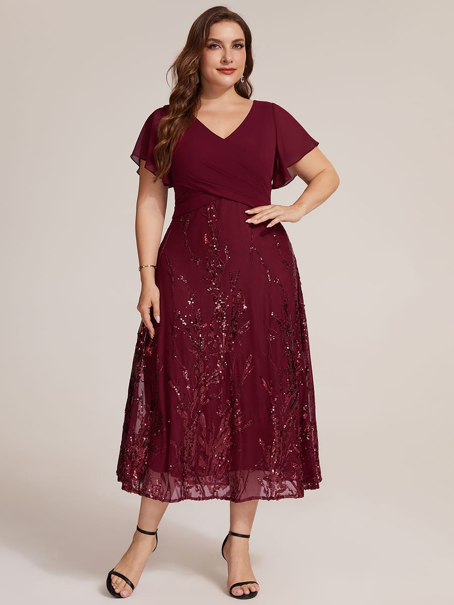 Chiffon Ruffle Sleeve A-line Dress #color_Burgundy