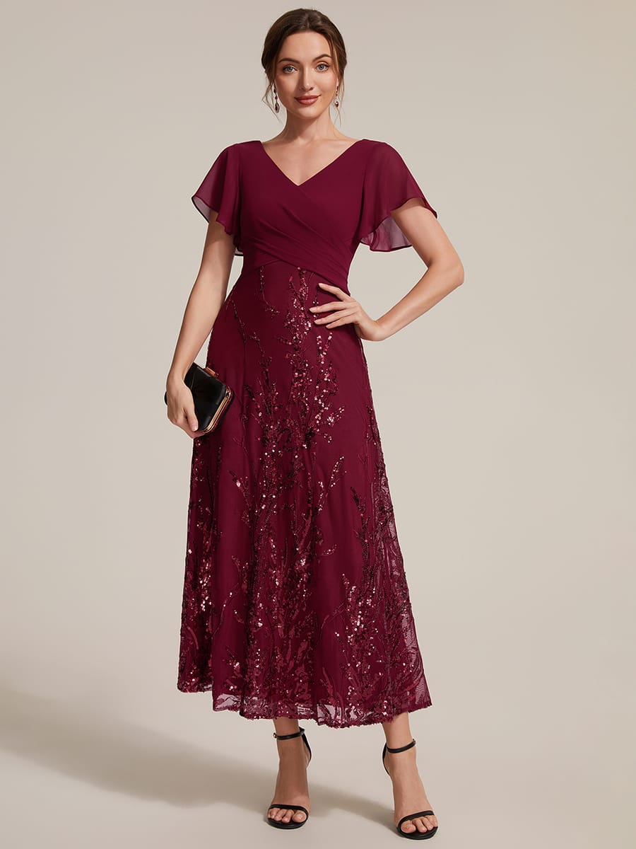 Chiffon Ruffle Sleeve A-line Dress #color_Burgundy