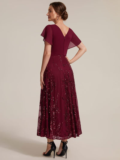Sequin Chiffon Tea Length Dress with V Neck