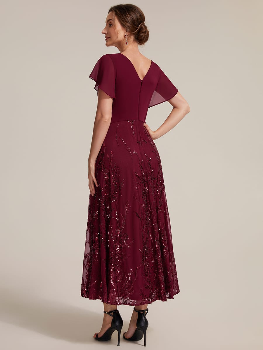 Chiffon Ruffle Sleeve A-line Dress #color_Burgundy