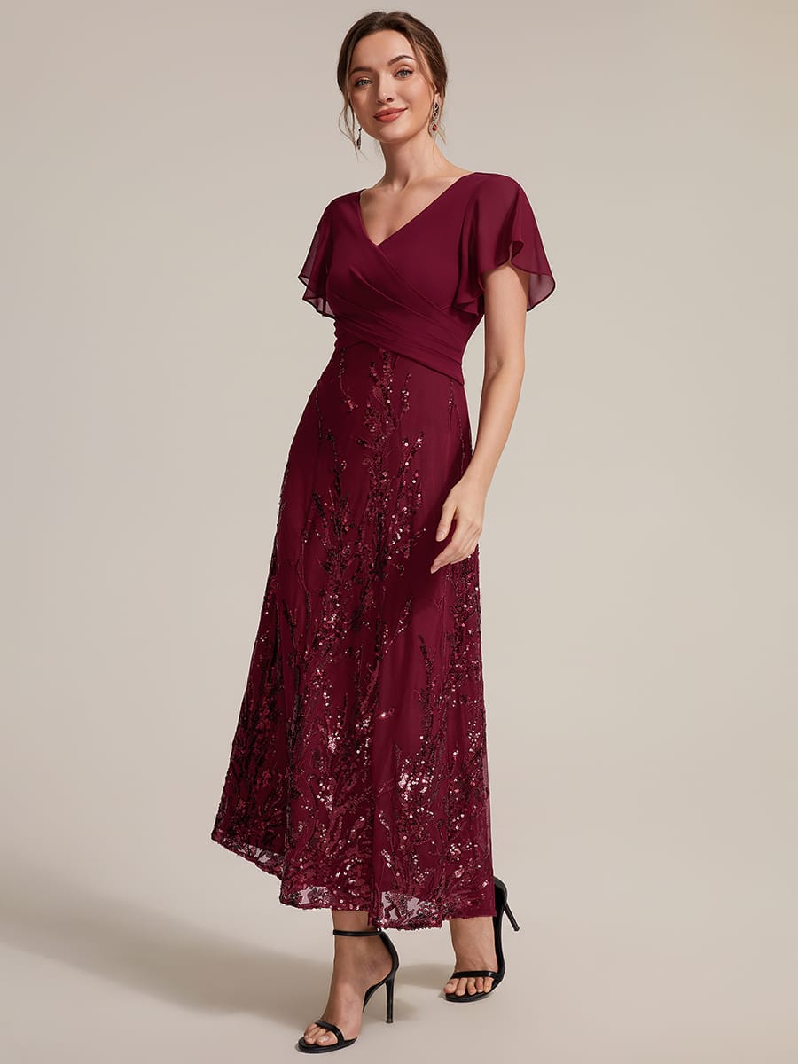 Chiffon Ruffle Sleeve A-line Dress #color_Burgundy