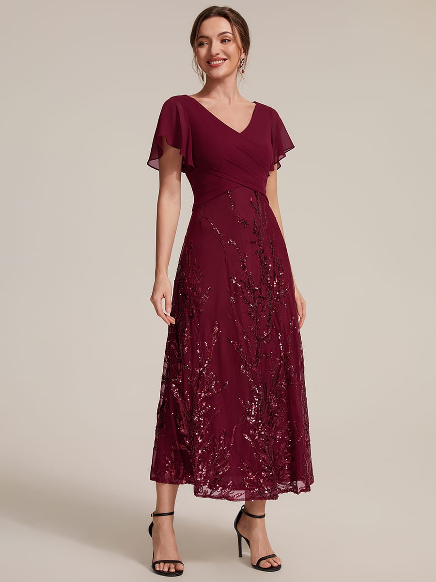 Chiffon Ruffle Sleeve A-line Dress #color_Burgundy