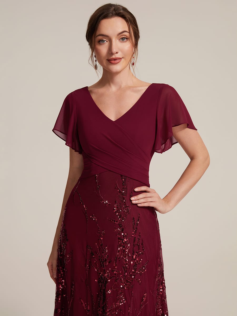 Chiffon Ruffle Sleeve A-line Dress #color_Burgundy