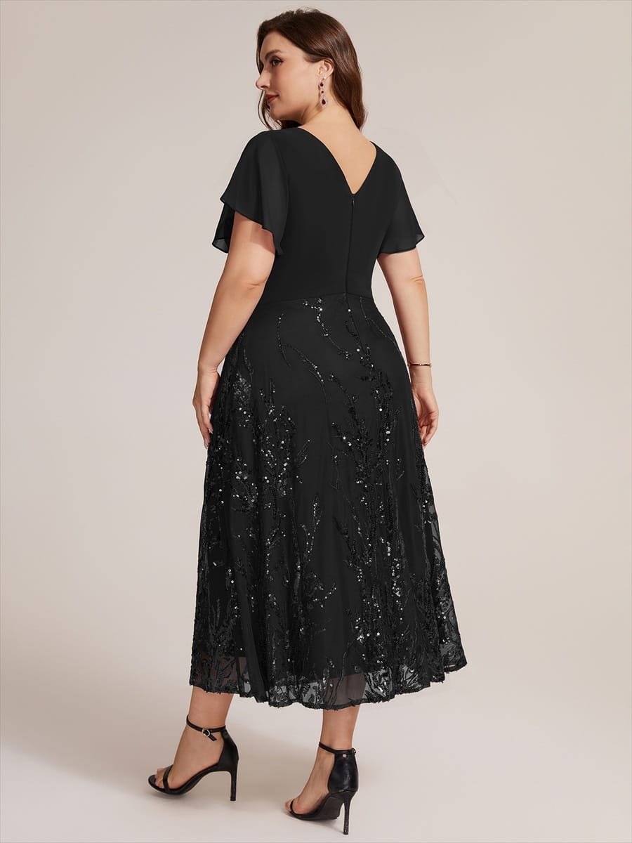 Chiffon Ruffle Sleeve A-line Dress #color_Black