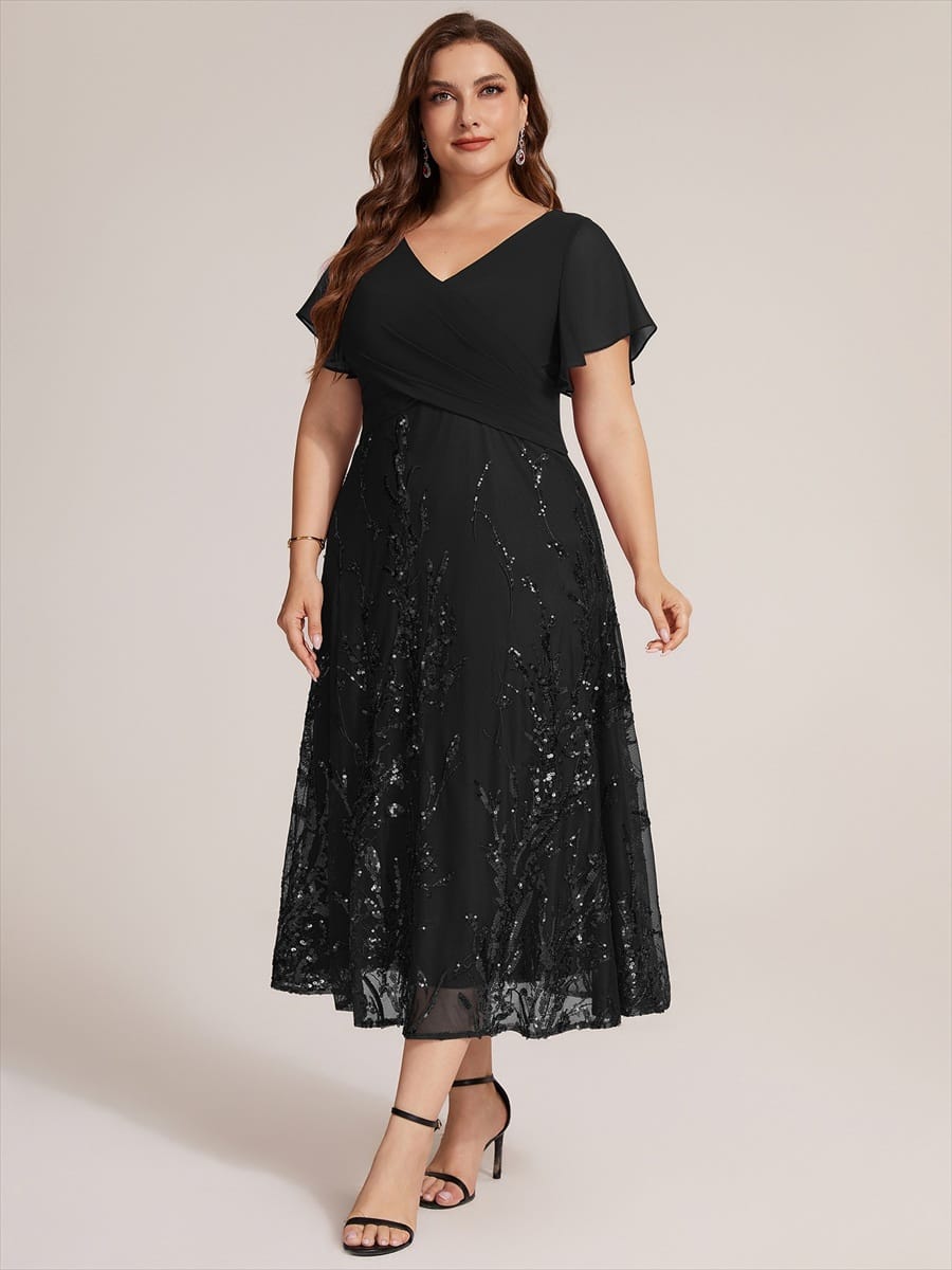 Chiffon Ruffle Sleeve A-line Dress #color_Black