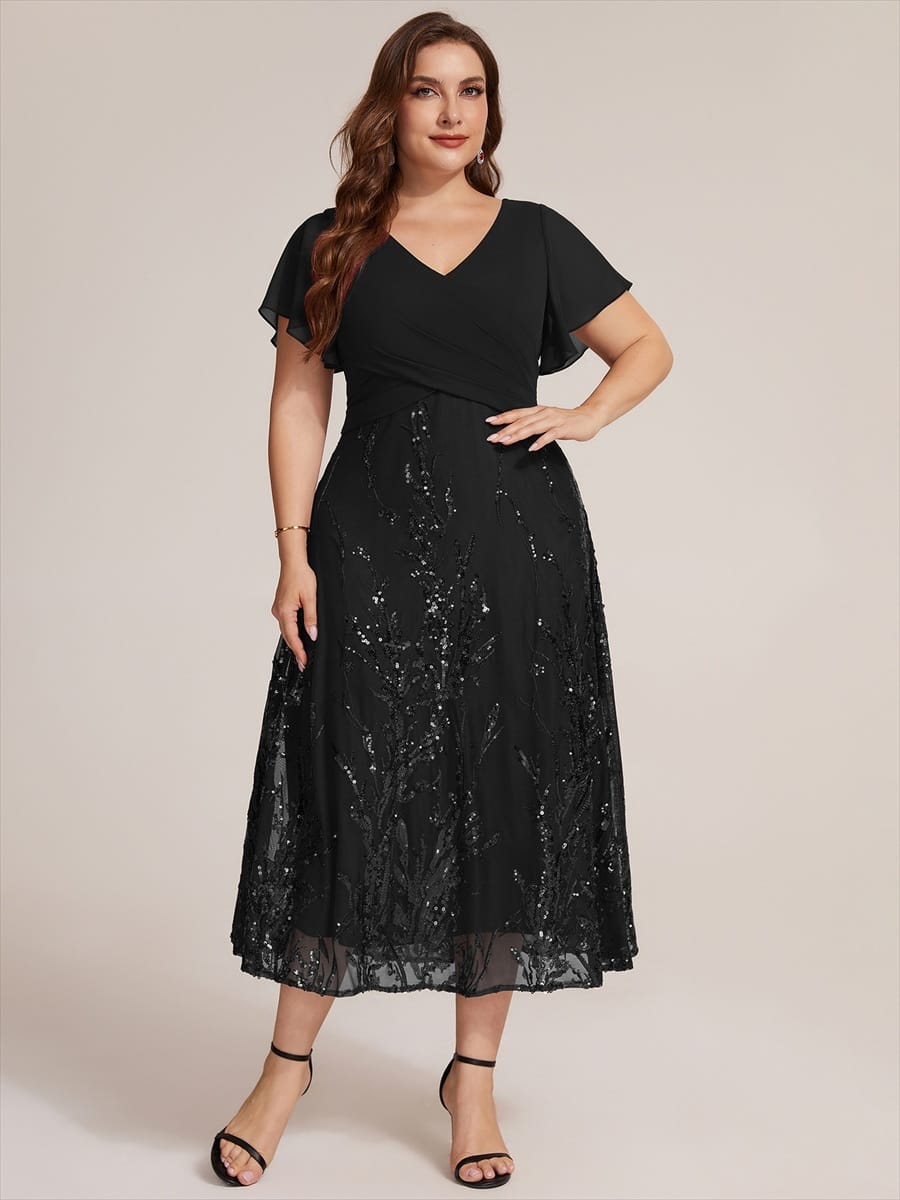 Chiffon Ruffle Sleeve A-line Dress #color_Black