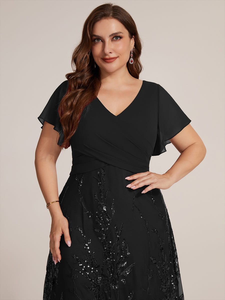 Chiffon Ruffle Sleeve A-line Dress #color_Black