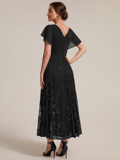 Chiffon Ruffle Sleeve A-line Dress #color_Black