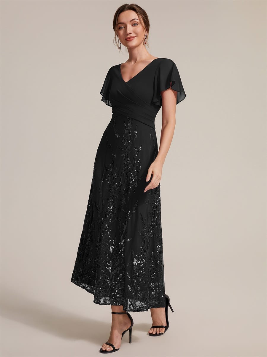 Chiffon Ruffle Sleeve A-line Dress #color_Black