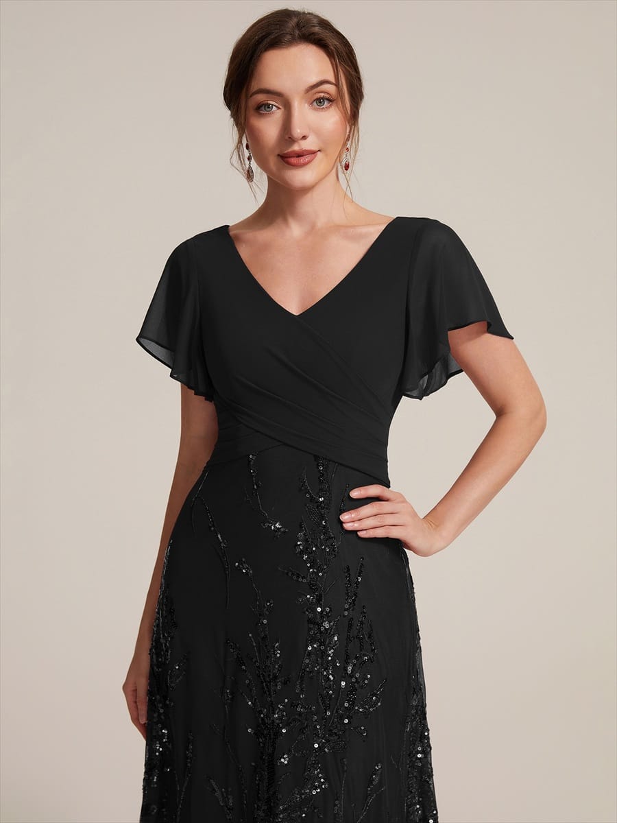 Chiffon Ruffle Sleeve A-line Dress #color_Black