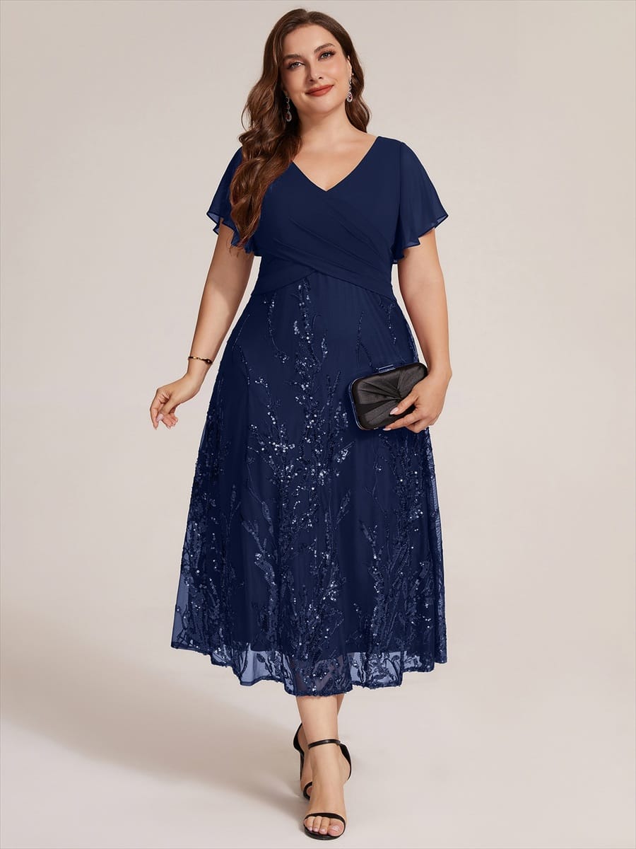 Chiffon Ruffle Sleeve A-line Dress #color_Navy Blue