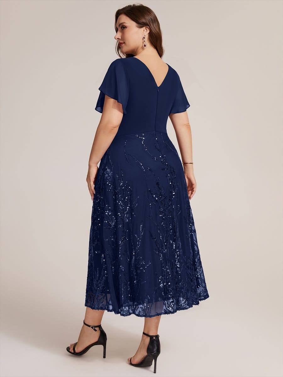 Chiffon Ruffle Sleeve A-line Dress #color_Navy Blue