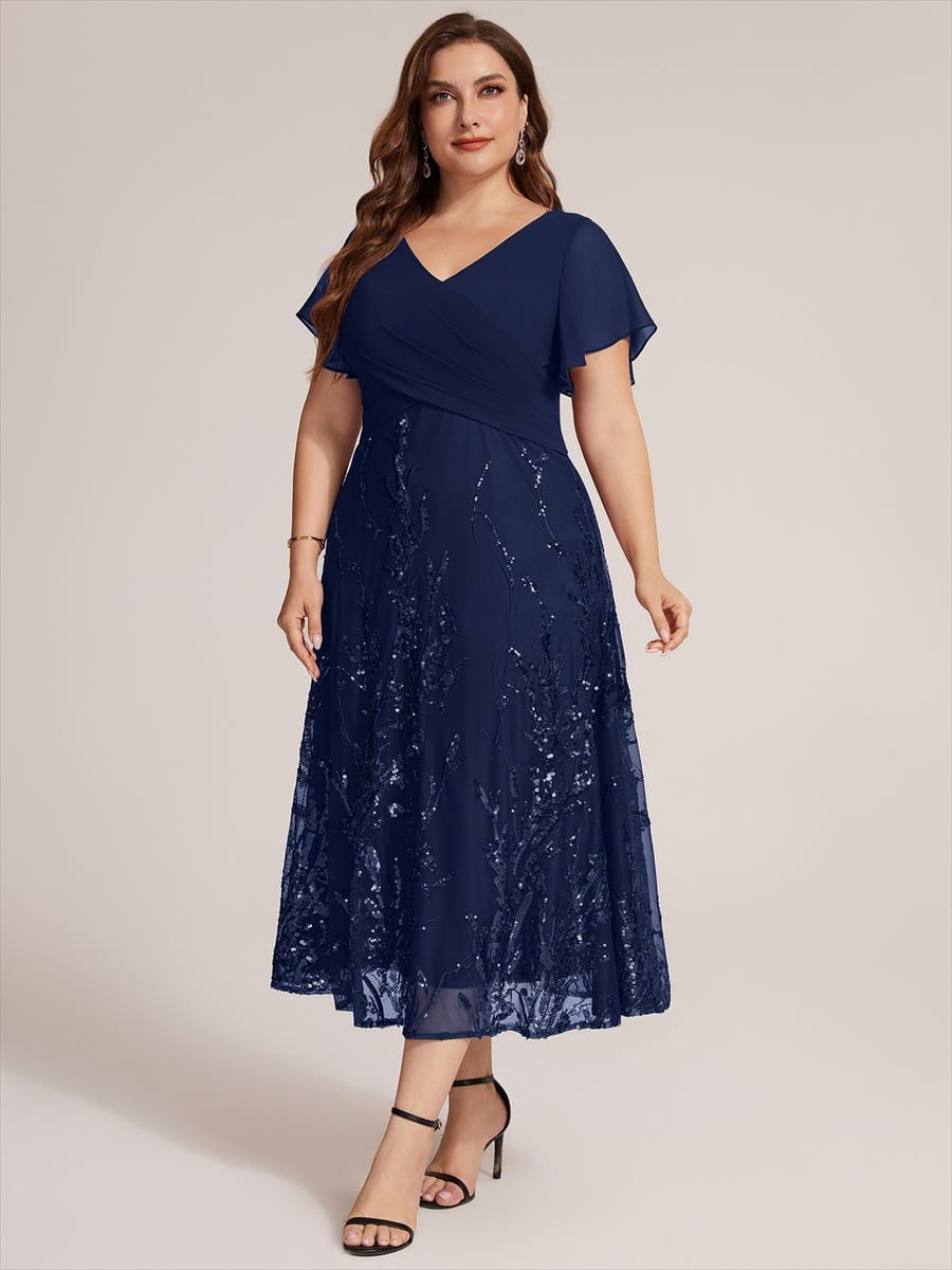 Chiffon Ruffle Sleeve A-line Dress #color_Navy Blue