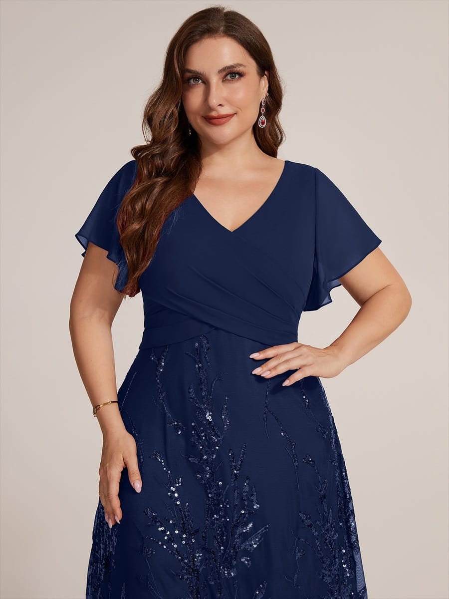 Chiffon Ruffle Sleeve A-line Dress #color_Navy Blue