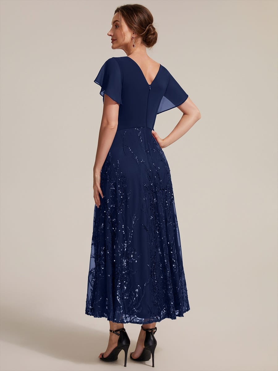 Chiffon Ruffle Sleeve A-line Dress #color_Navy Blue