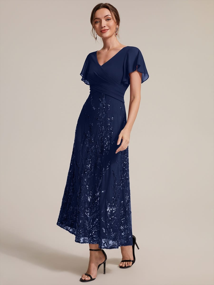 Chiffon Ruffle Sleeve A-line Dress #color_Navy Blue